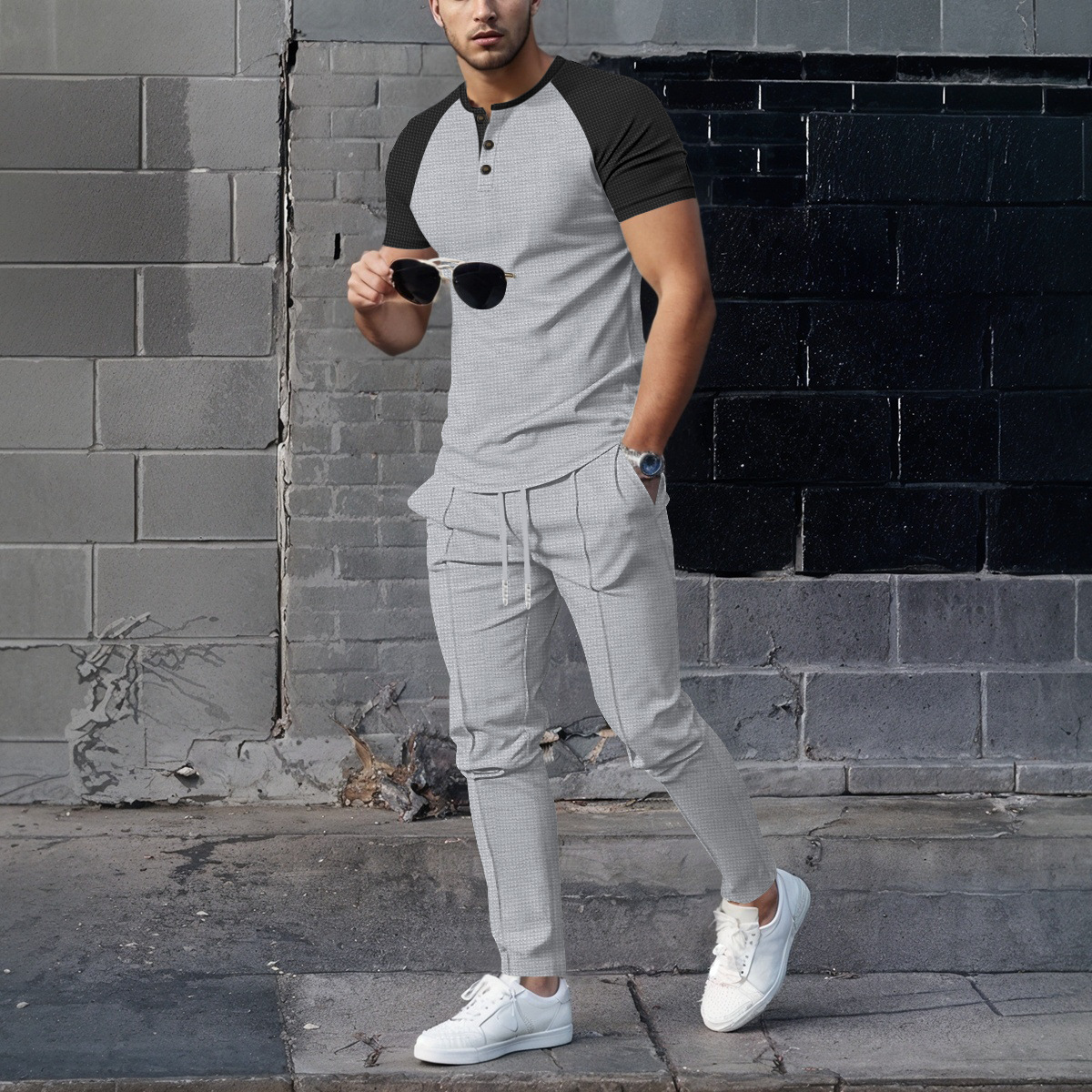 Men's Clothing Men's Summer Waffle Knit Crew Neck Color Block T-Shirt Short Sleeve Casual Outdoor Set For Formal & Casual_viptrois.com