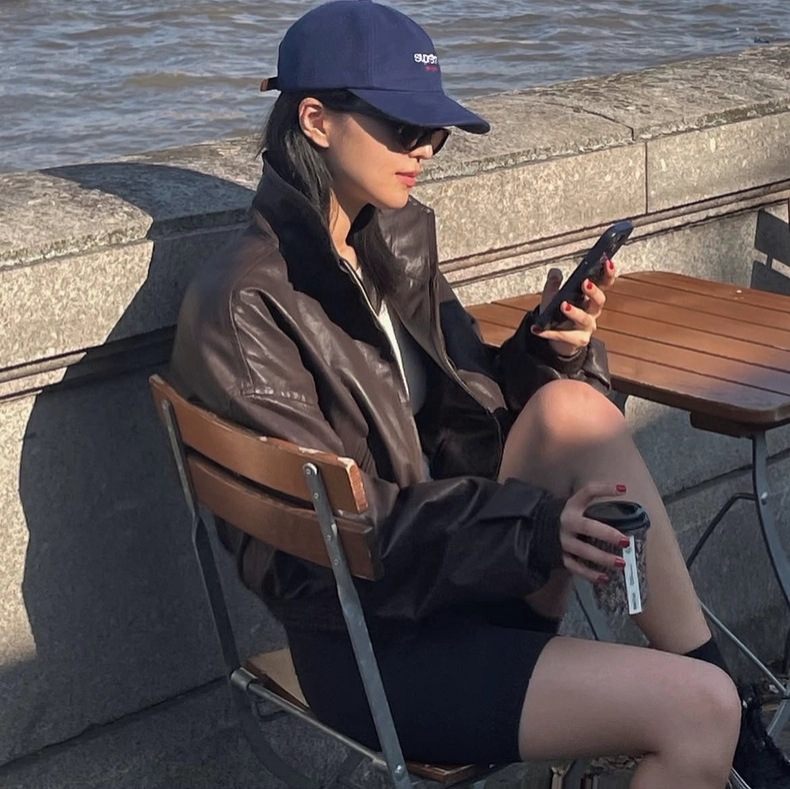 In Stock 2026 Spring New Korean Style G*D Loose Solid Color Biker Style Stand Collar Zipper Short Leather Jacket for Women