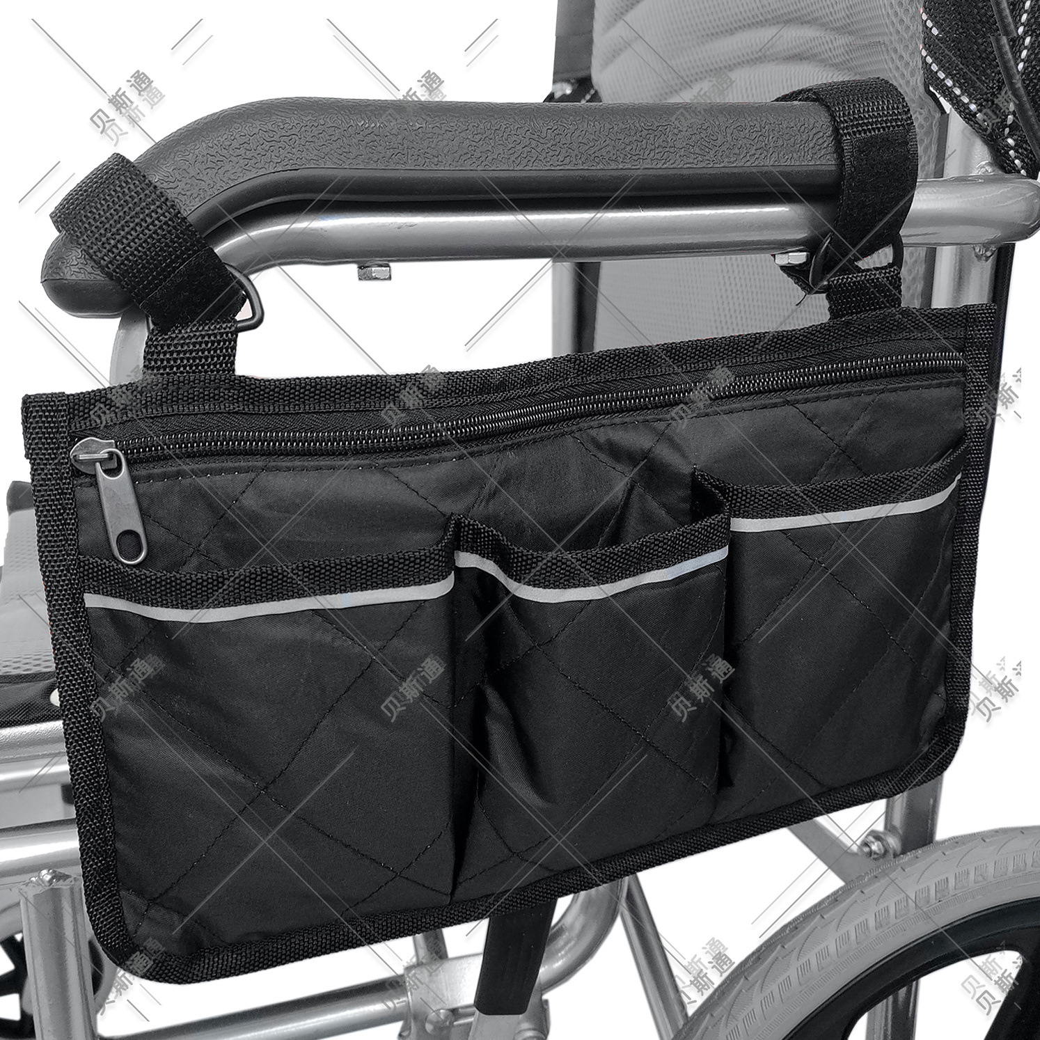 Cross-border pongee wheelchair armrest side storage bag with reflective strips multi-pocket storage bag
