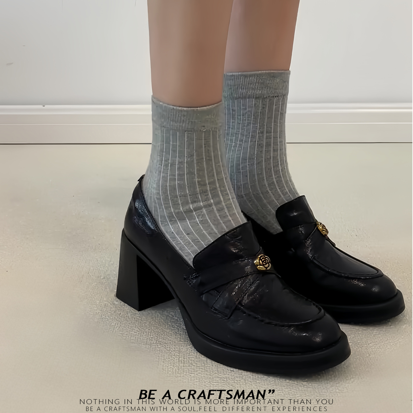 现货~山茶花乐福鞋女复古静音姐高跟气质棕色通勤粗跟小皮鞋单鞋