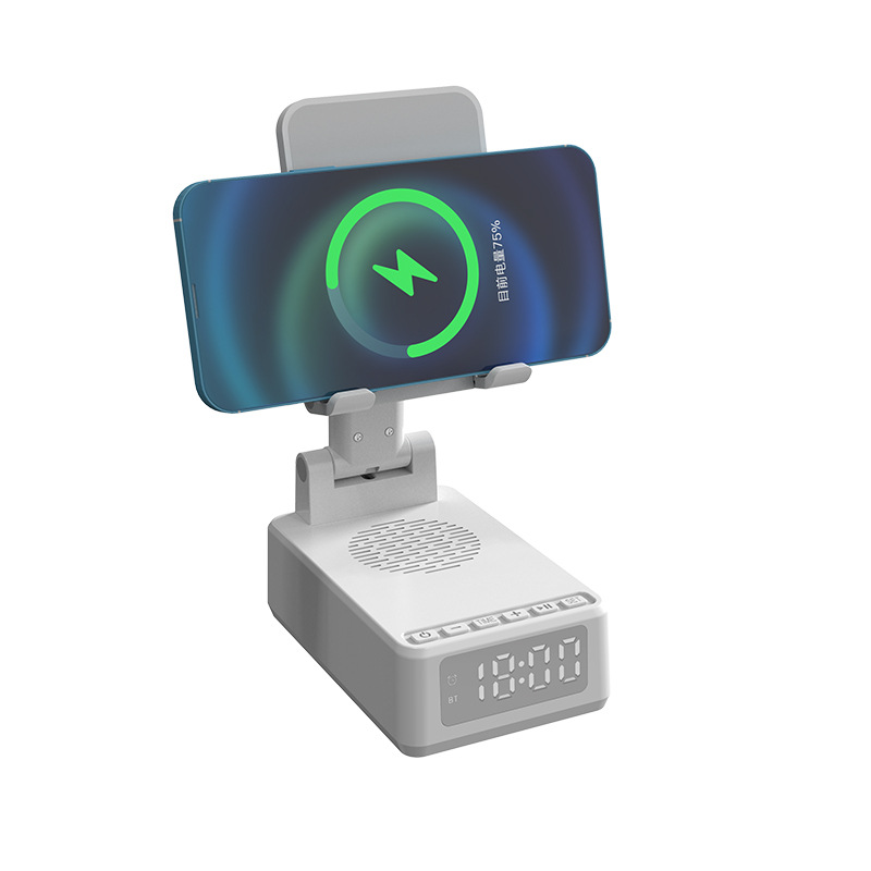 Escritorio tres en uno cargador inalámbrico multi-funcional vertical plegable con soporte de teléfono móvil de audio para Apple 15W carga rápida