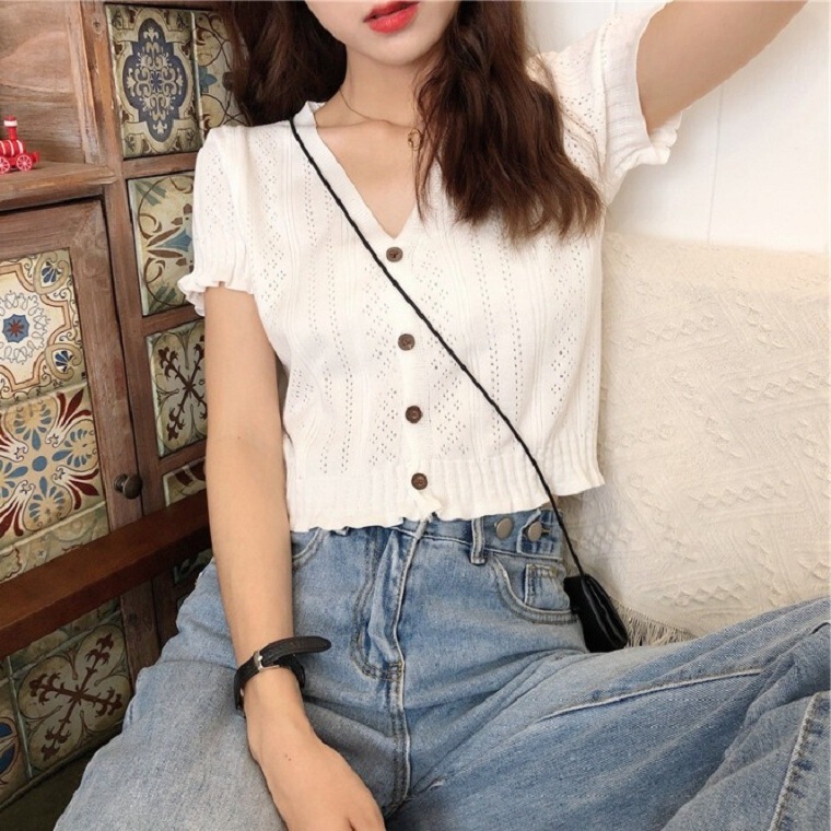 Thin Knitted V-Neck Hollow Short-Sleeved T-Shirt Women's Summer New Casual Ice Silk Fairy Short Top