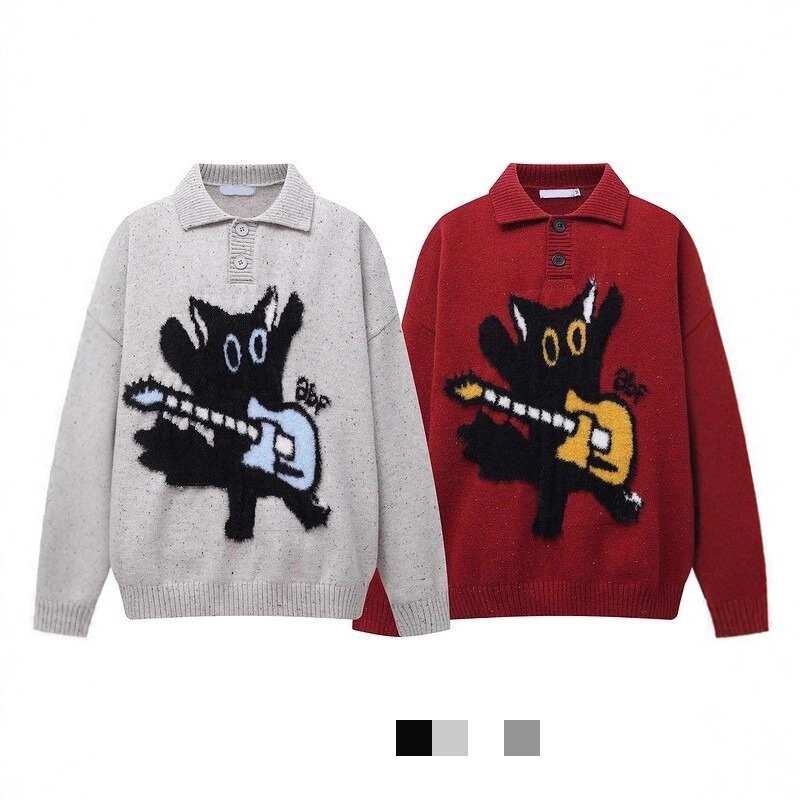 American Retro Rock Cat Lapel Knitwear for Men and Women 2025 Autumn and Winter Loose Casual Versatile Couple Knitwear Trendy