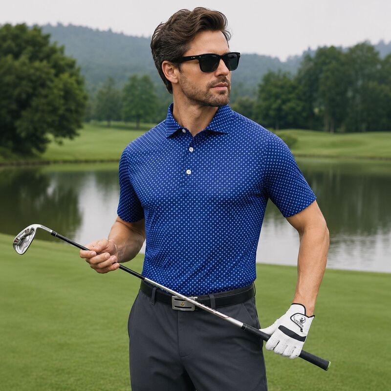 In-stock high-quality men's golf short-sleeve navy blue micro-pattern performance polo shirt, quick-dry and antibacterial for sports In-stock high-quality men's golf short-sleeve navy blue micro-pattern performance polo shirt, quick-dry and antibacterial for sports