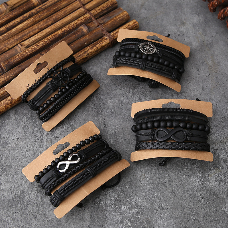 Cross-Border E-Commerce Retro Woven Four-Piece Combination Set Cowhide Hand Rope European and American Popular Men's Leather Bracelet New Style