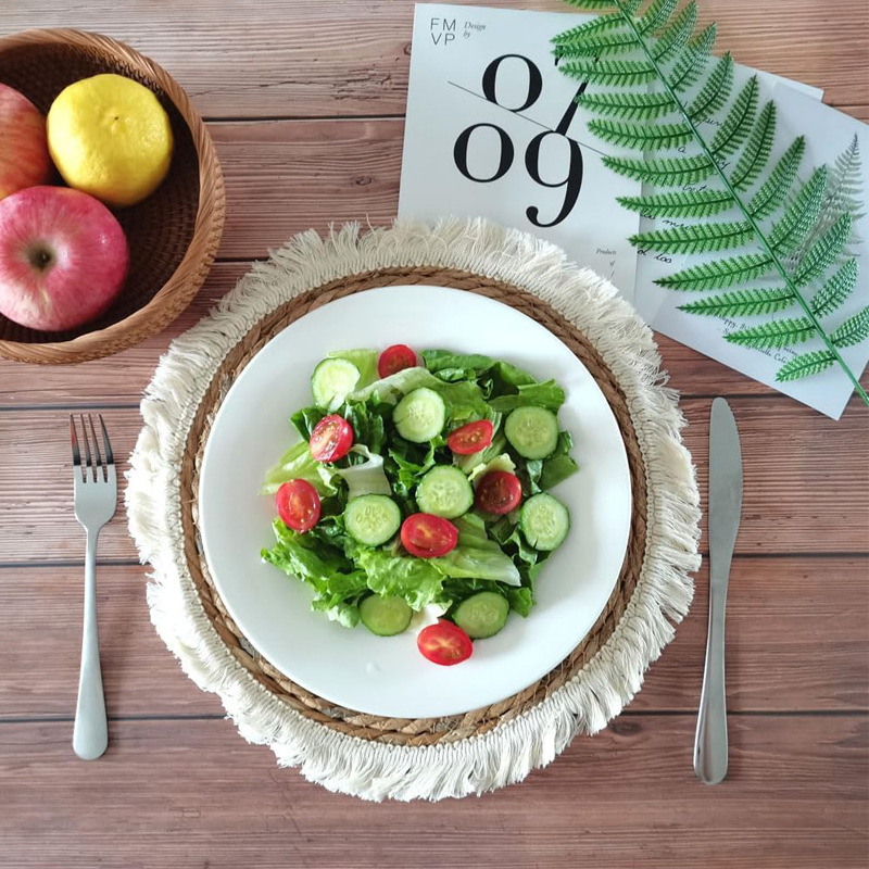 Posavasos de encaje de borla de espadaña transfronteriza, manteles individuales de paja, almohadillas de aislamiento térmico, almohadillas de aislamiento térmico de cazuela japonesa tejidas a mano
