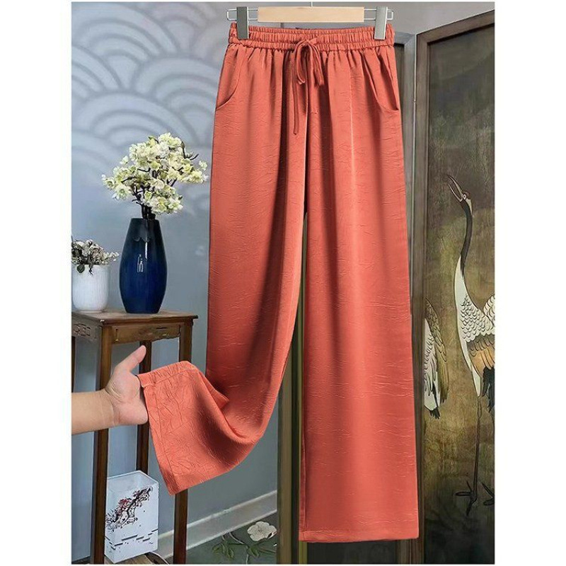 Nuevos pantalones chinos de hielo, pantalones de piernas anchas para mujeres 2025, nuevos pantalones delgados de cintura alta en relieve de estilo nacional de verano, pantalones casuales