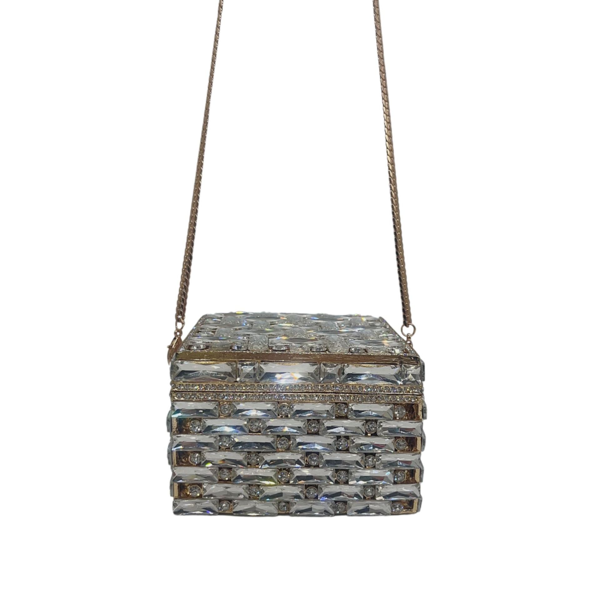 Túi clutch nữ đính kim cương dáng hộp vuông nhỏ dự tiệc — Nền vàng kim cương trắng, Vàng AB, Bạc AB, Màu bạc chi tiết 21
