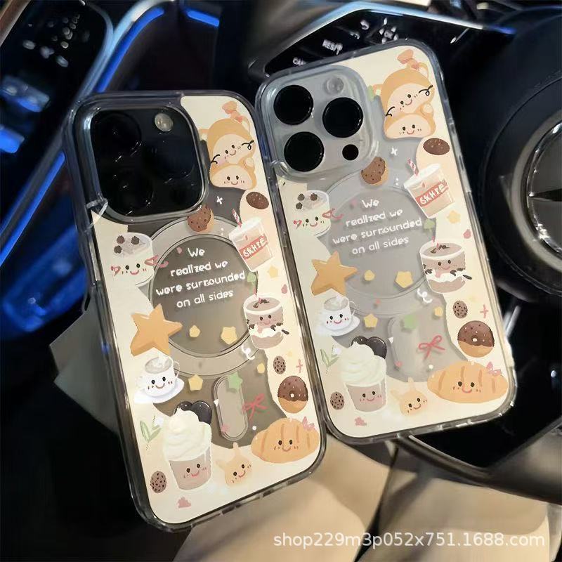 Transparent magnetic case with hollowed-out milk tea bread design suitable for Apple 16/15/14/13promax phone cases 12/1 Transparent magnetic case with hollowed-out milk tea bread design suitable for Apple 16/15/14/13promax phone cases 12/1