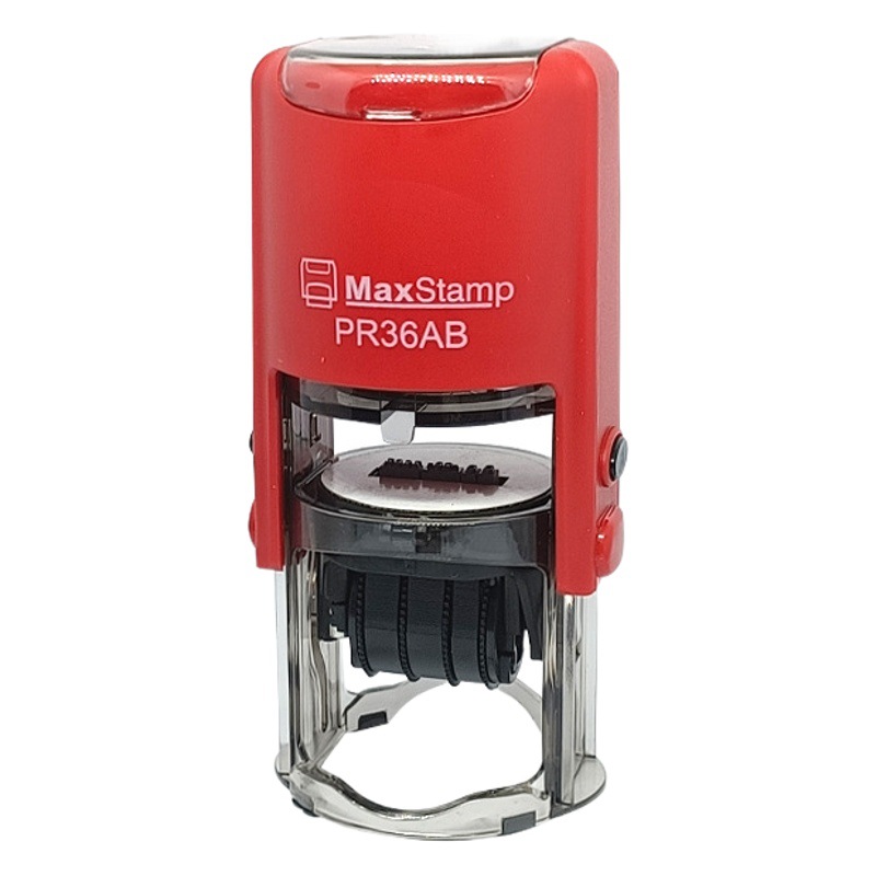 Sello automático ajustable de tinta para tapas de plástico con tapa abatible para cumpleaños y fechas.