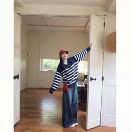 韩系翻领复古半拉链撞色条纹毛衣女秋冬慵懒风小个子高级感针织衫