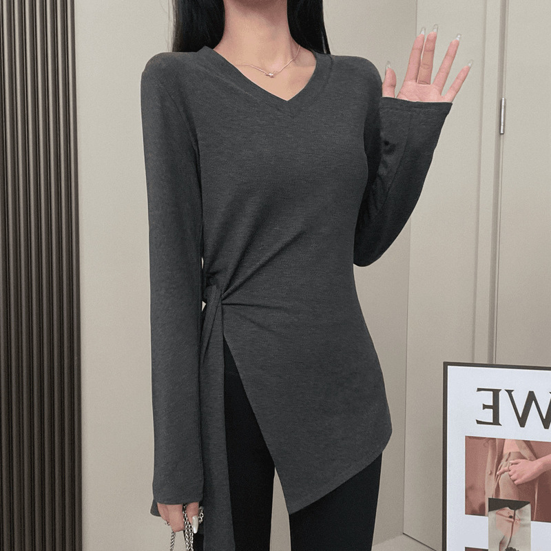 侧边开叉不规则长袖T恤女秋季设计感修身显瘦圆领打底衫独特上衣|undefined