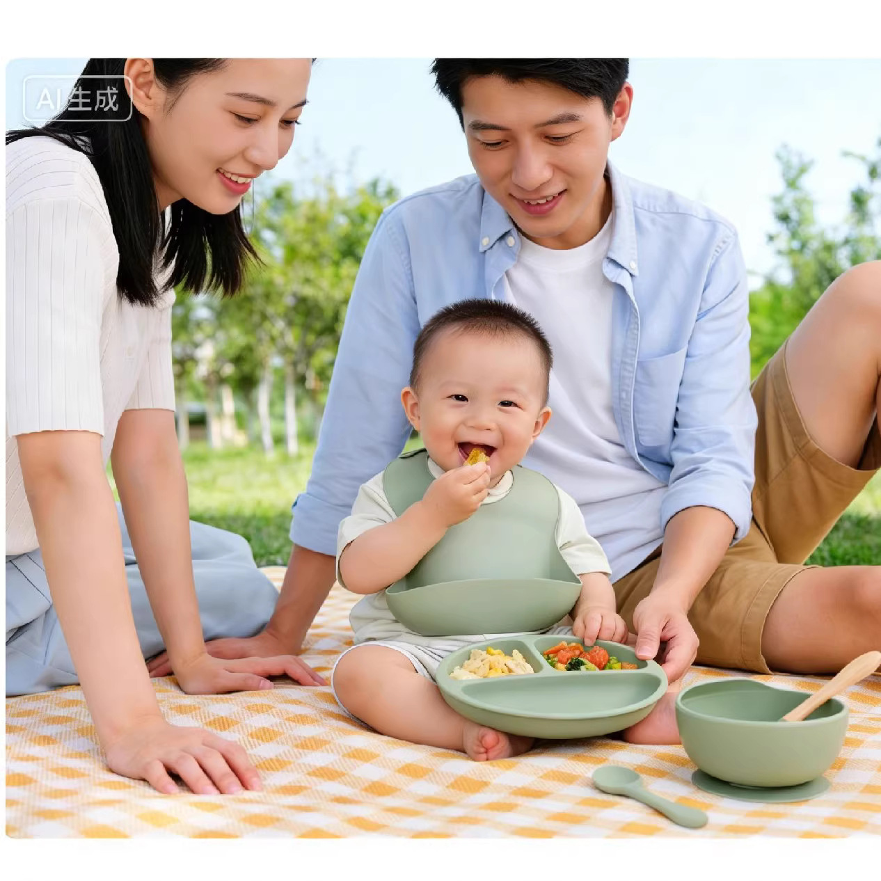 Cross-border Hot-selling Children's Supplementary Silicone Dinner Plate Bowl Fork Spoon Bib Five Pieces Tableware suit Drop-resistant Dinner Plate Suction Plate