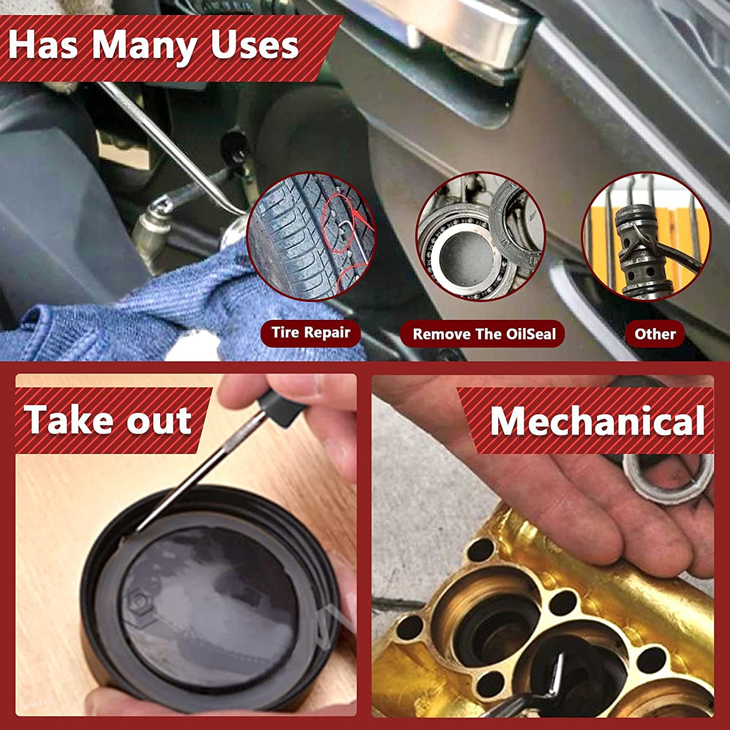 4-Piece Oil Seal Hook Set, Tire Repair Car Maintenance Tool, O-Ring Seal Puller, Driver Removal Set