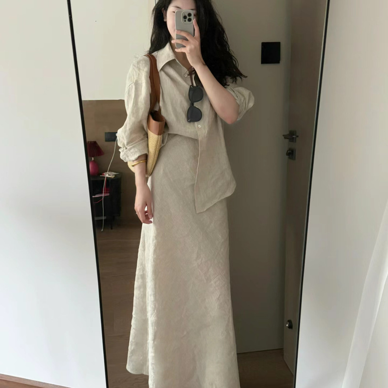 休闲套装女年简约翻领宽松长袖衬衫秋季百搭半身长裙两件套|undefined