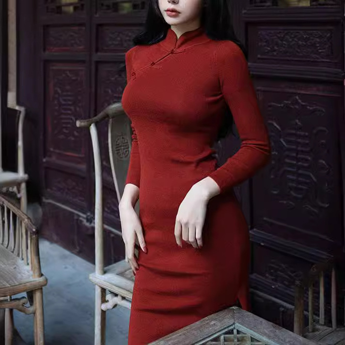 3550 # Autumn New Style National Retro Style Buttoned Stand Collar Slim Fit Knitted Cheongsam Slit Dress