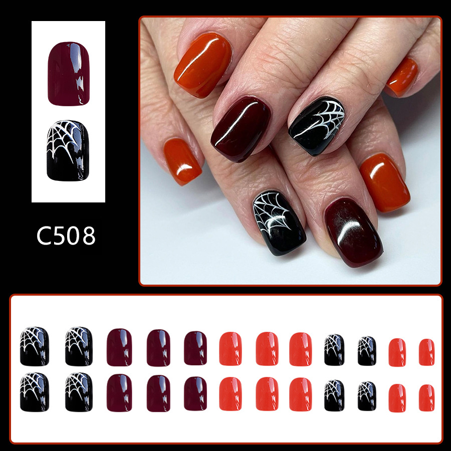 Unghie finte corte e luminose, ragnatela, zucca, arancione e rosso, semplici, armatura quadrata, manicure di Halloween, nuovo 24 pezzi_voghion.com