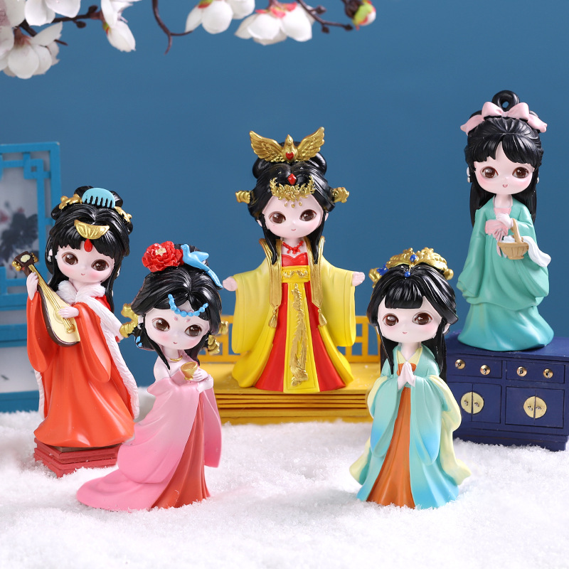 國潮盲盒手辦批發古風漢服少女娃娃桌面樹脂擺件可愛女孩生日禮物