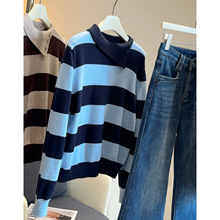 韩国东大门秋冬新款不规则翻领撞色条纹针织衫女显瘦百搭毛衣上衣