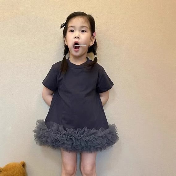 Little Girl Korean Style Fashionable Simple Pure Color Sweet Short-Sleeved T-Shirt Dress Little Kidsren Summer Style Dress