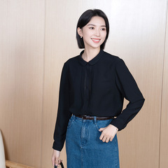 YUN韫秋季新款通勤复古翻领黑色衬衫长袖上衣气质设计感小众衬衣