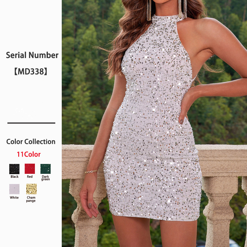 European and American Sexy Sequined Party Dress 2026 Spring and Summer Fashion Elegant High-End Dress Backless Slim Short Dress for Women