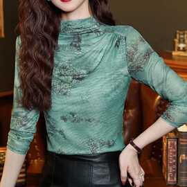 2024春秋新款弹力网纱长袖t恤女时尚潮流气质打底衫显瘦百搭上衣