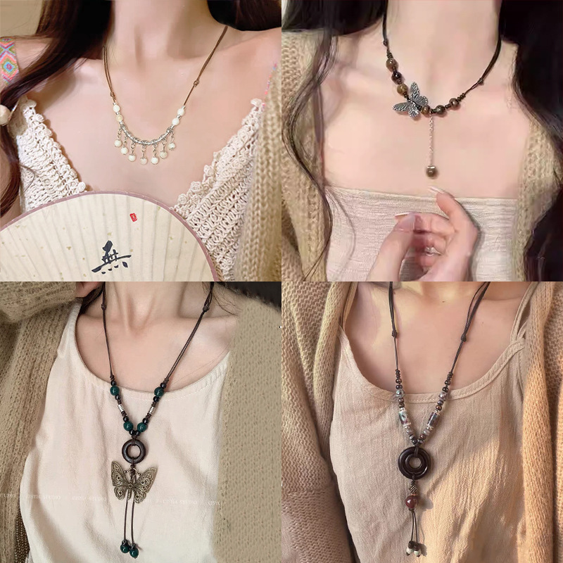 2025 New Retro Ethnic Style Bohemian Necklace Women's Hong Kong Style Ceramic Butterfly Pendant Clavicle Chain 2025 New Retro Ethnic Style Bohemian Necklace Women's Hong Kong Style Ceramic Butterfly Pendant Clavicle Chain
