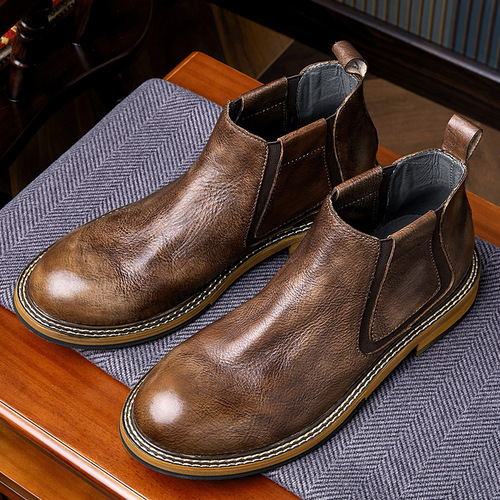 Autumn Chelsea Boots for Men: Genuine Leather Slip-On High-Top Shoes, British Retro Style Boots, Men's Martin Boots, Cowhide Leather Boots