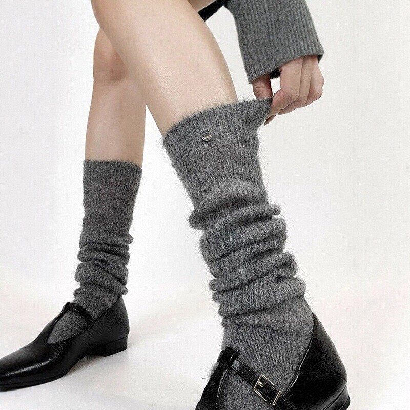 25 Gray Slouch Socks for Men and Women, Slightly Sheer, Fluffy, Lazy Style, Mid-Calf Socks, Niche Metal Label, Knitted Cotton Socks