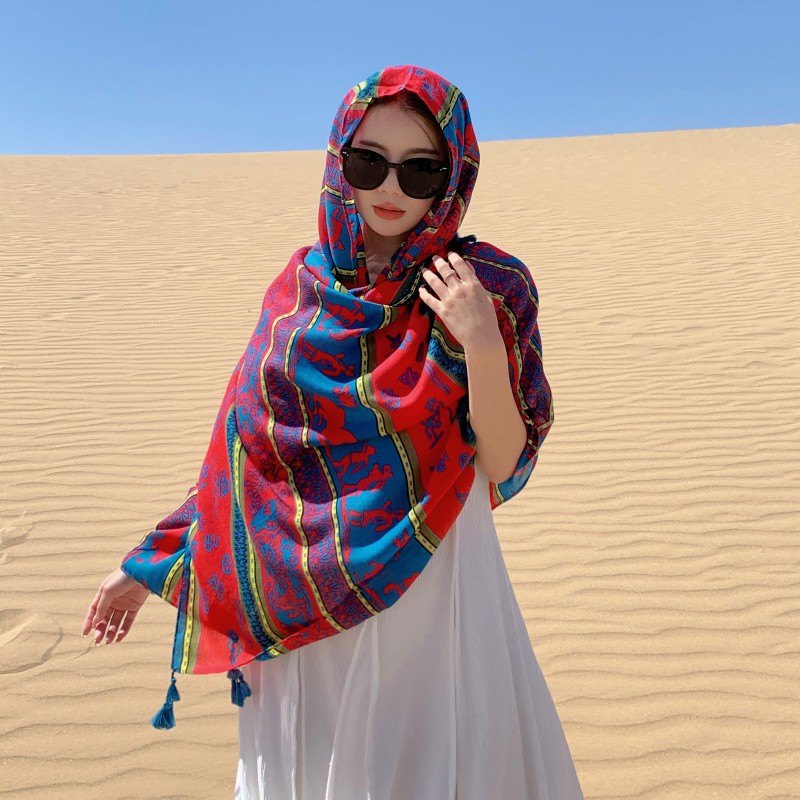 2023 nuevo estilo étnico retro viajes protector solar bufanda tótem impresión larga borla bufanda del Mantón del todo fósforo para las mujeres