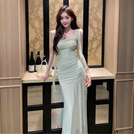 法式绝美绿色网纱吊带连衣裙女夏季海边度假气质收腰包臀鱼尾长裙