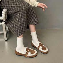 森系磨砂真皮复古加绒乐福鞋2025秋冬保暖一脚蹬奶奶软底勃肯棉鞋