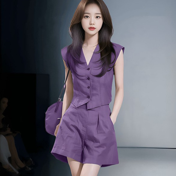 Bộ đầm suông nữ cổ V tay dài phong cách Hàn Quốc mùa xuân hè — Bộ dài màu tím chi tiết 2