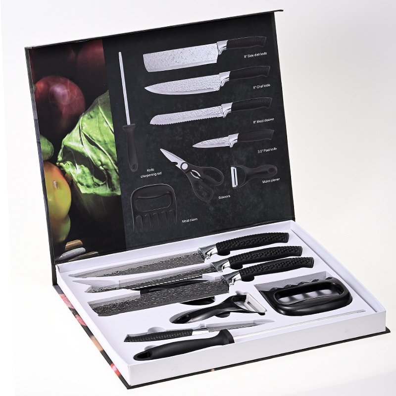 Juego de cuchillos de 8 piezas con mango de malla y patrón de martillo