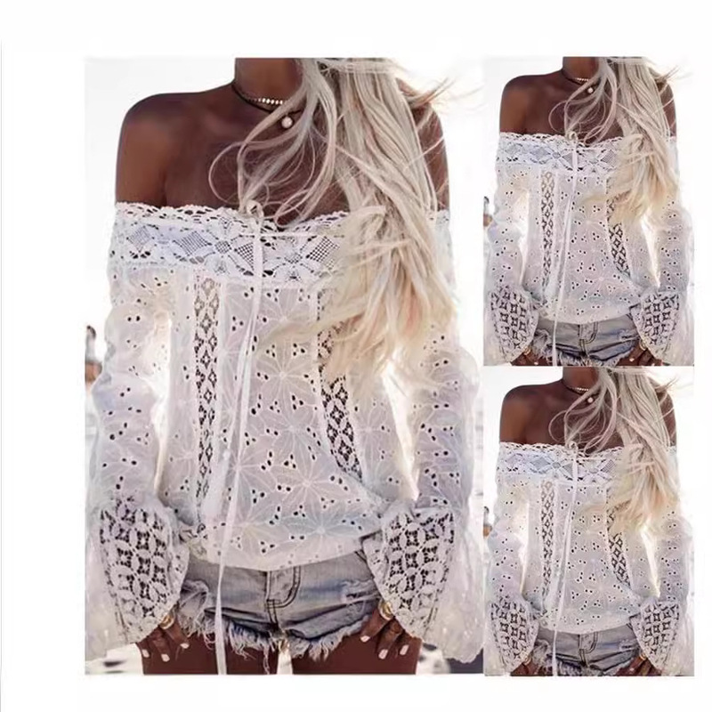 2025 Amazon Aliexpress European and American Off-Shoulder Fringed Lace Stitching One-Shoulder Bell-Sleeved Lace Top