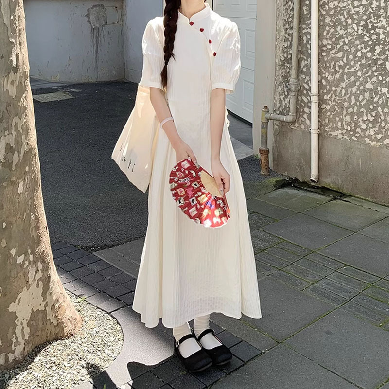 发华-大小姐系列 月光白竖条纹红扣新中式复古长裙收腰连衣裙夏季