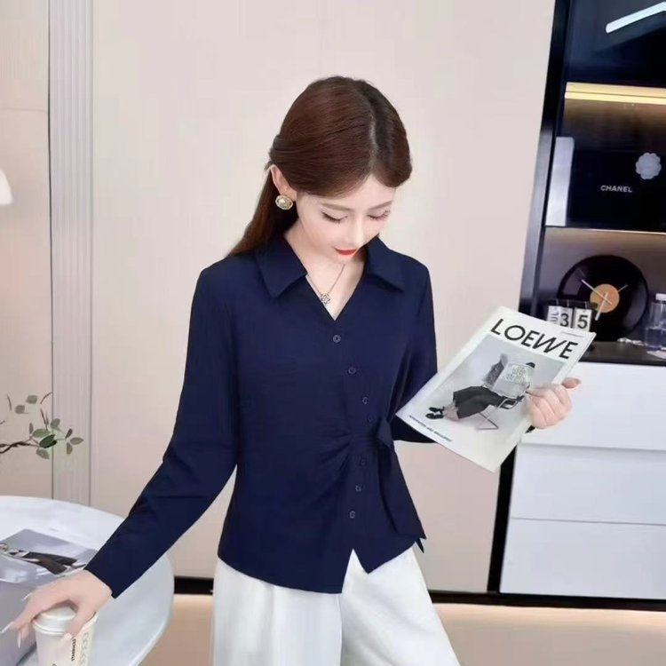 一件代发2025年秋季新款设计感衬衫时尚长袖不规则系带收腰上衣女|undefined