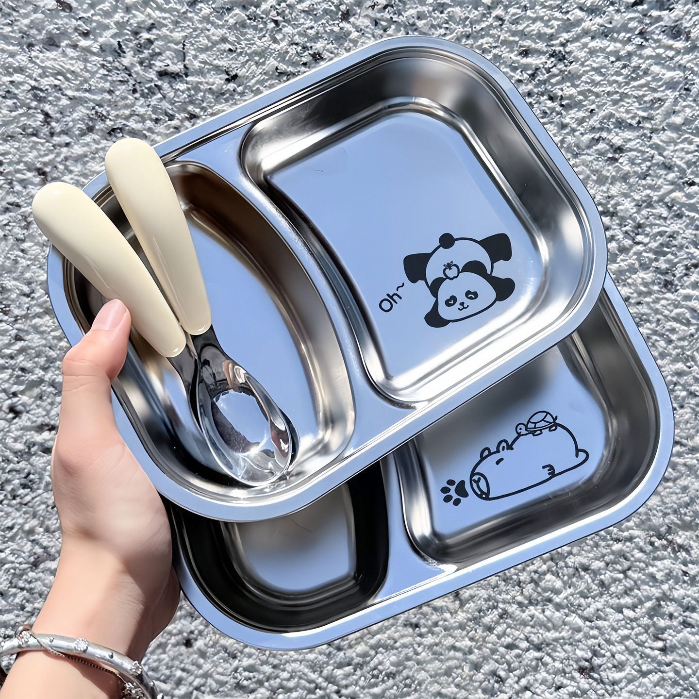 Food-Grade Stainless Steel Children's Dinner Plate Kindergarten Baby Household Stainless Steel Double-Compartment Dinner Plate Anti-Fall Multi-Compartment Lunch Box