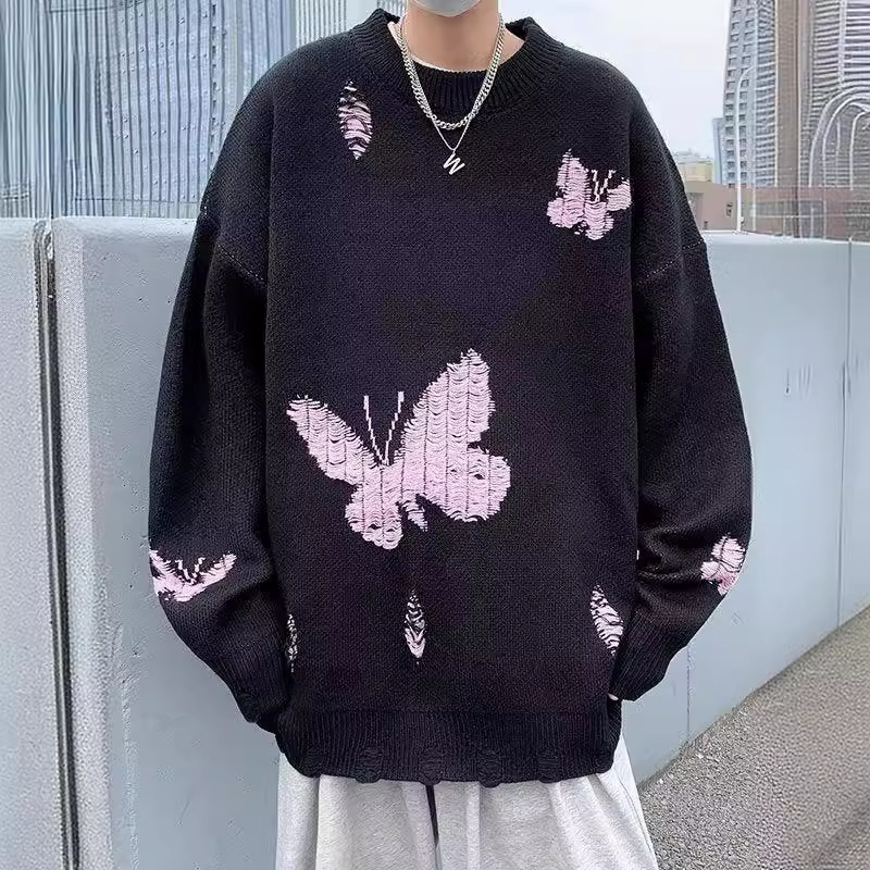 American Street Trendy Y2K Butterfly Embroider Distressed Knitwear Men and Women Same Style Loose Pullover Knitwear