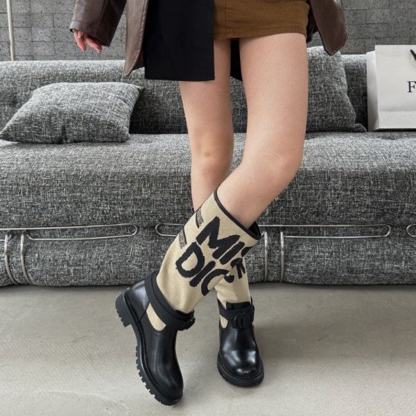 字母帆布涂鸦刺绣厚底骑士靴2025春冬新款百搭皮带扣简约高筒靴
