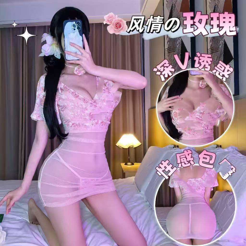 Rose Floral Sheer Deep-V High-Waist Cheongsam-Style Roleplay Dress — detail image 2