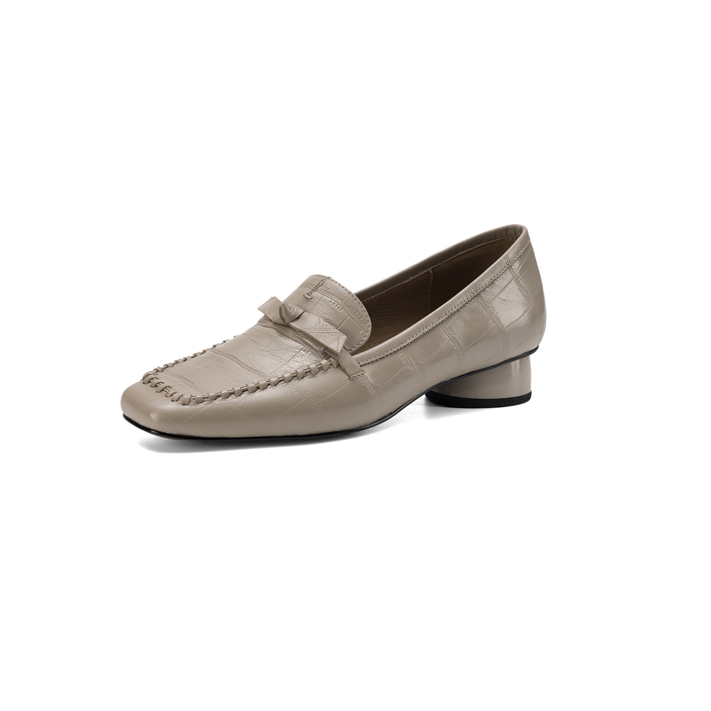 Giày lười nữ da cừu gót thấp 3 cm, mũi tròn dệt vintage, cổ sâu — đen