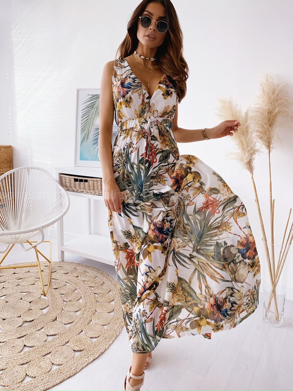 Summer, Spring Season Women'S Gender Wholesale Women'S Elegant Printing Backless Ditsy Floral Banquet V Neck Sleeveless Swing Dress