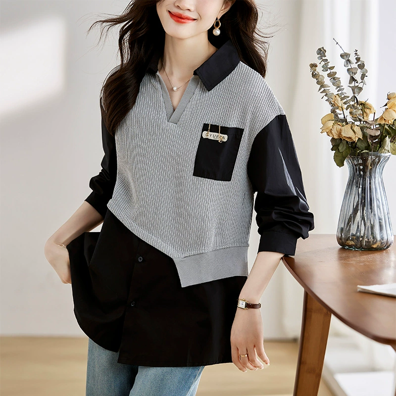 Поддельная вязаная рубашка из двух частей, осень 2023 года, Новый Свободный Тонкий Топ больших размеров, уменьшающий возраст для женщин