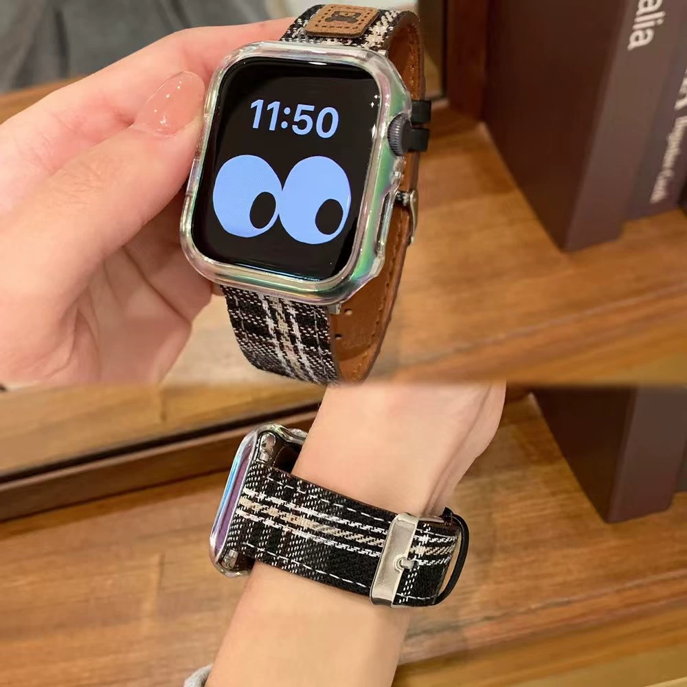 Подходит для Apple Watch S10, ремешок Xiaomi 9 Pro/8, мультяшный шерстяной клетчатый кожаный ремешок