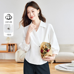 棉茧 白色长袖衬衫女2025早秋新款法式纯棉衬衣女一粒扣V领上衣