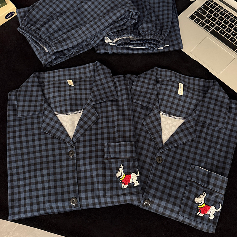Simple Plaid Pajamas for Girls, Cartoon Puppies, Can Be Worn Outside, Men's Long-Sleeved Pants Two-Piece Suit, Couple Home Clothes