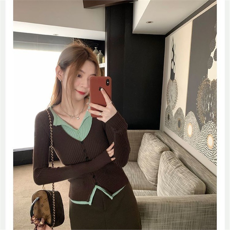 设计感假两件撞色长袖针织衫女早秋辣妹修身小众上衣复古打底衫|undefined