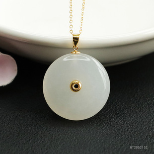 As soon as Yu 18k gold inlaid natural Hetian jade pendant white jade peace buckle necklace jewelry live generation HT2052102